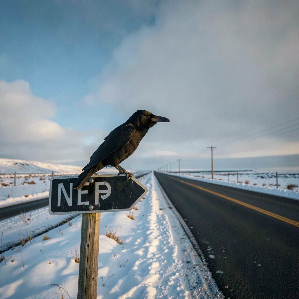 Photograph with Alaskan Arctic sensibility, Raven perched on a road sign, the bl