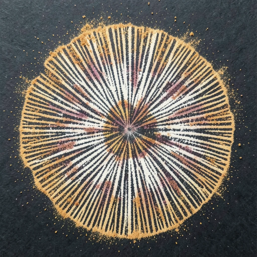 Summer chanterelle mushroom spore print on dark paper, golden dust pattern