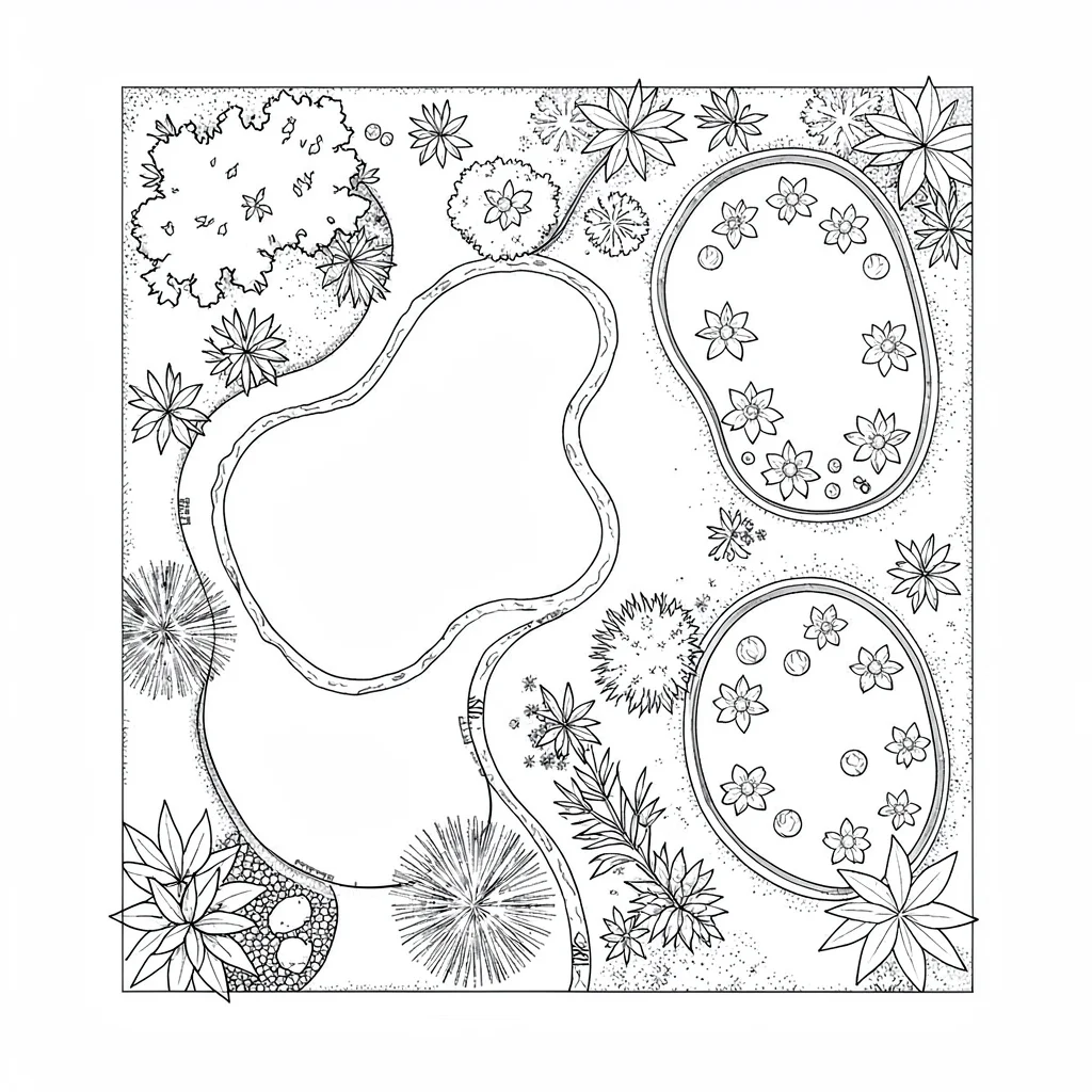 Top-down garden plan blueprint of a backyard water garden with stream, basin, an