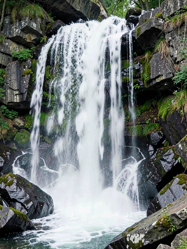 Waterfall rendered as white silk cascade, rocks sharp beneath