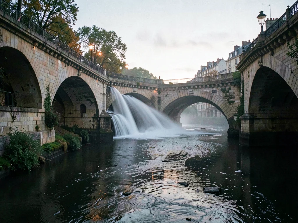 Mist streamers flowing under bridge arches