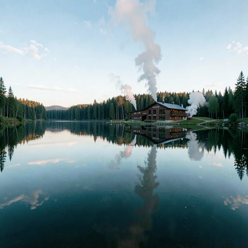 Finnish lake mirror, dead-calm reflection, Sauna smoke rising, building reflecte