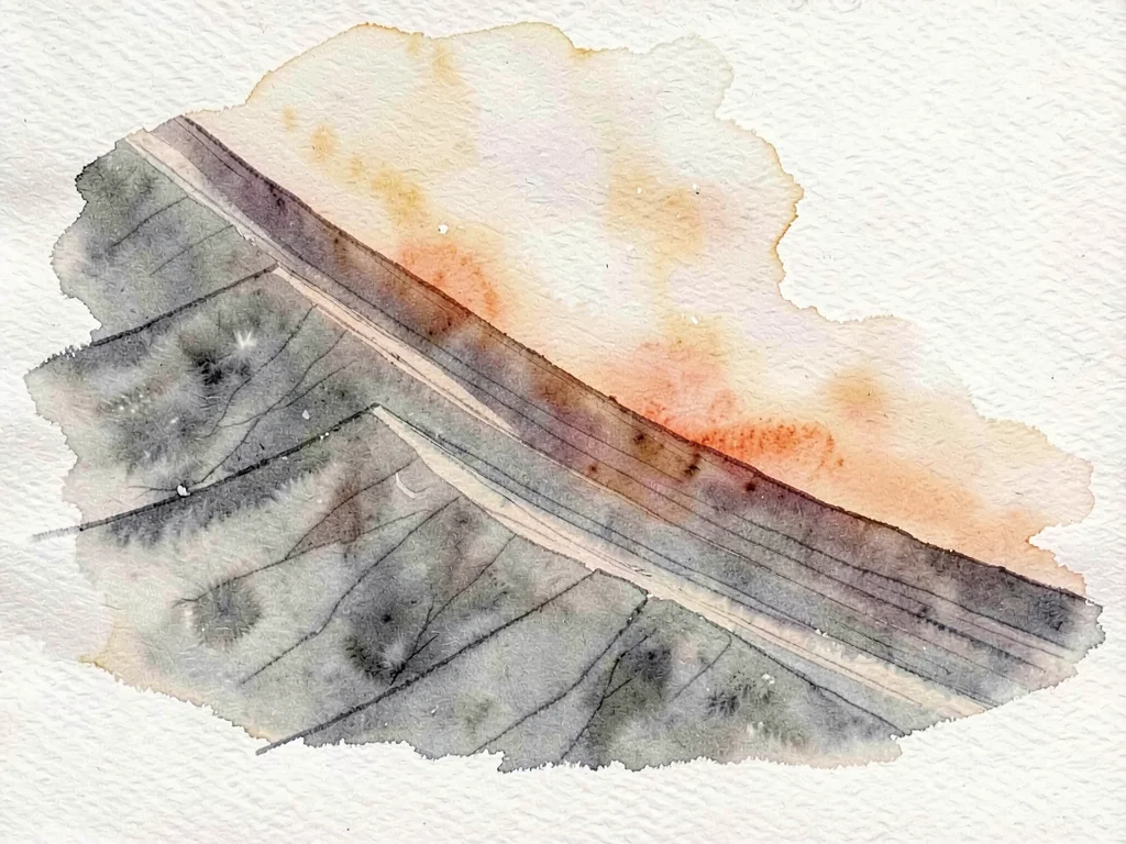A gently terraced ash slope shows fine layered strata beneath low ember horizon 