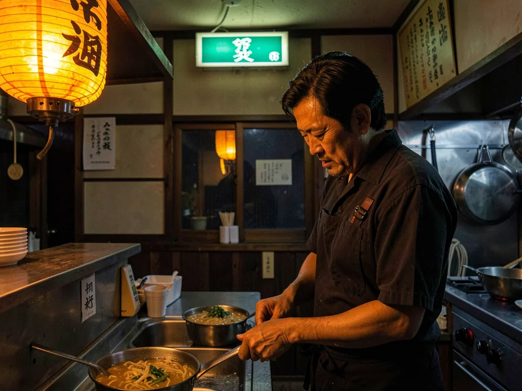 Line cook alone in empty ramen shop at 2am, face split by orange lantern glow an
