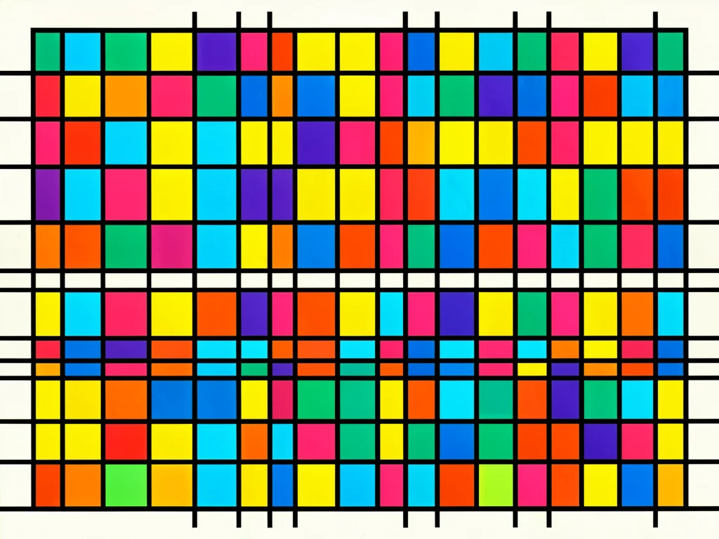 City building facade flattened to primary color windows and black grid lines