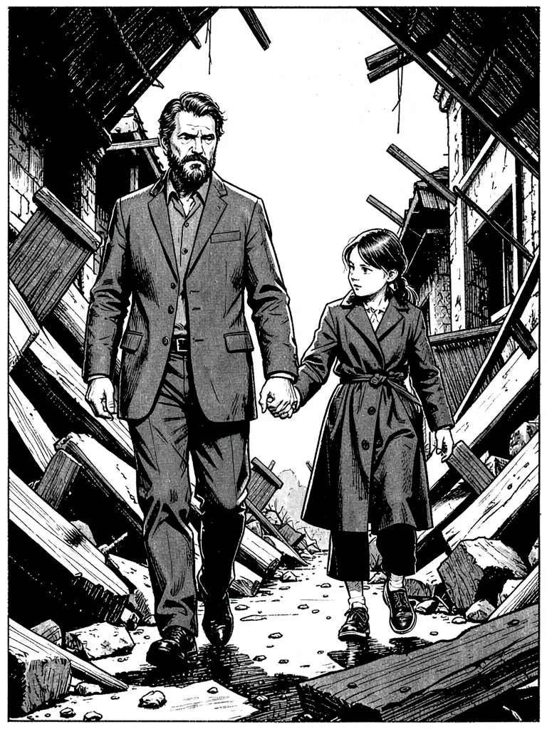 Father daughter in rubble