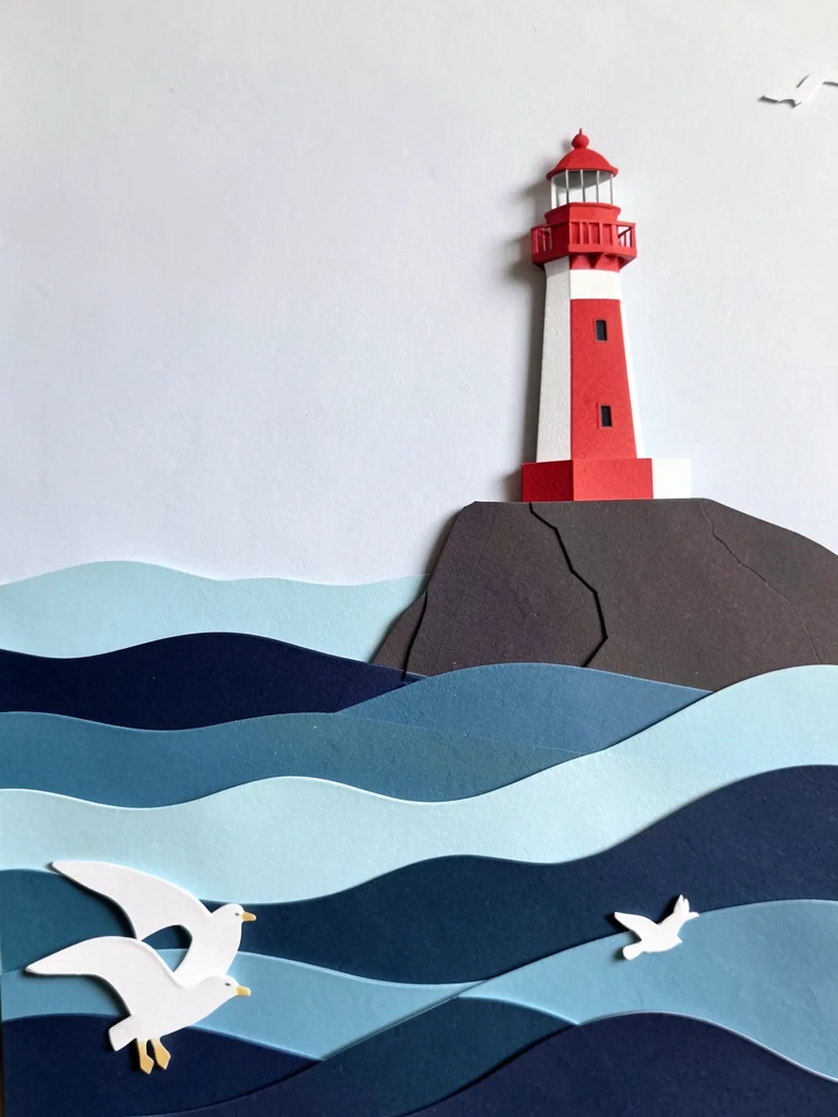 A lighthouse scene: gradient from navy to pale sky, lighthouse on cliff in white