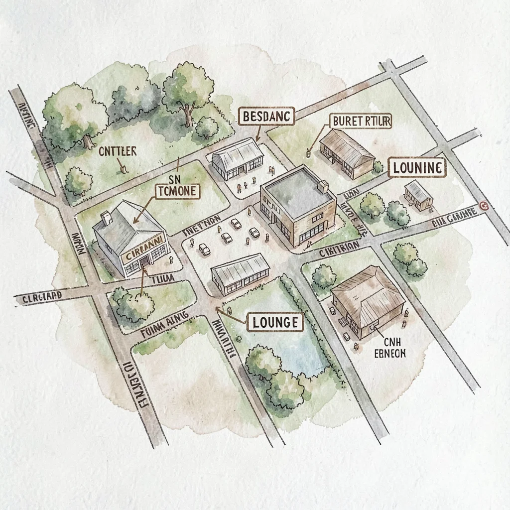 Hand-drawn illustrated venue map of the festival district with annotated cinemas