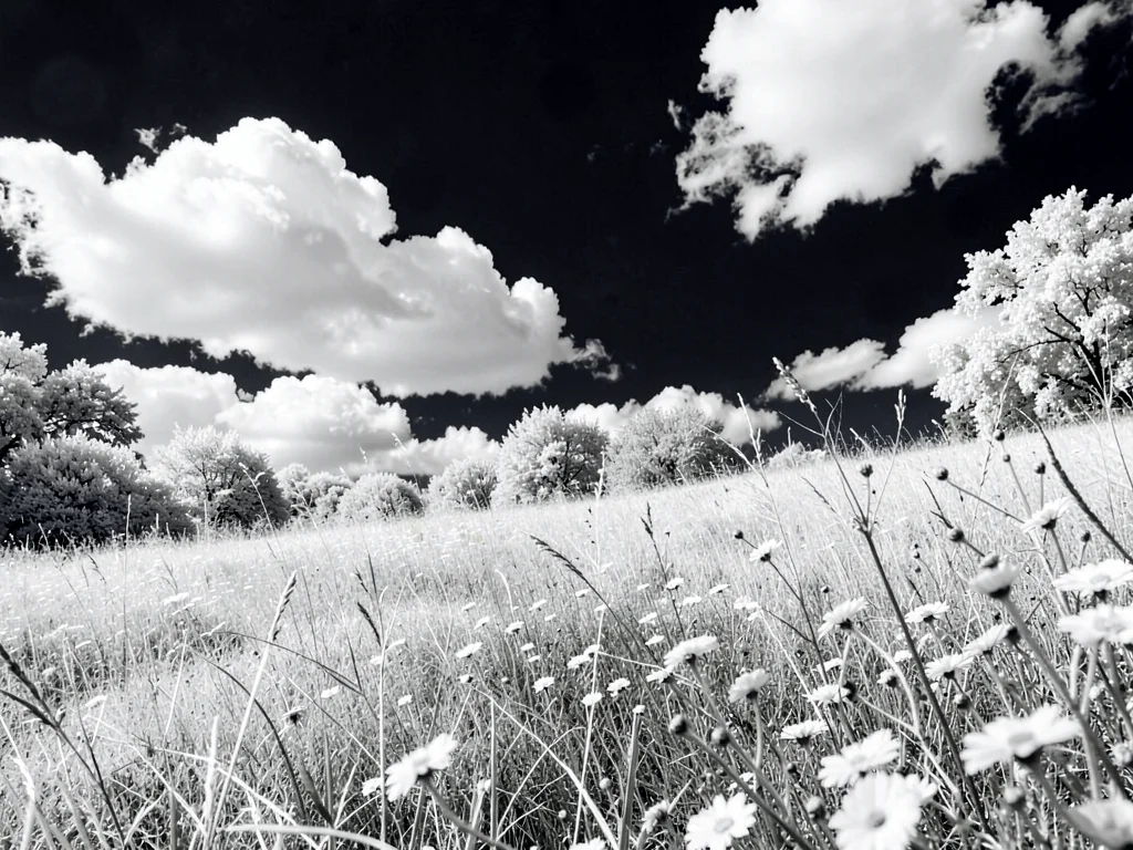 A summer meadow — grasses luminous white, wildflowers pale, clouds blazing again