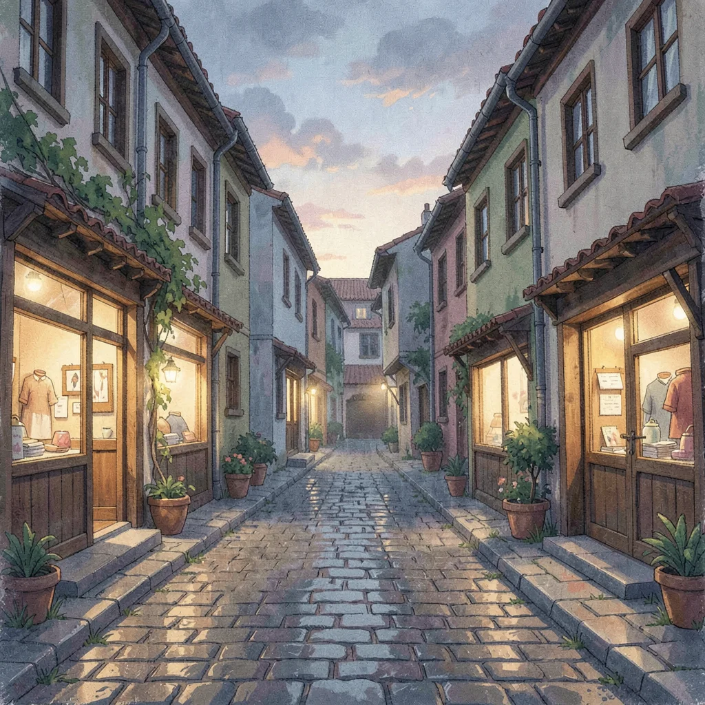 Atmospheric photo of a heritage village street at evening with warm shopfront gl