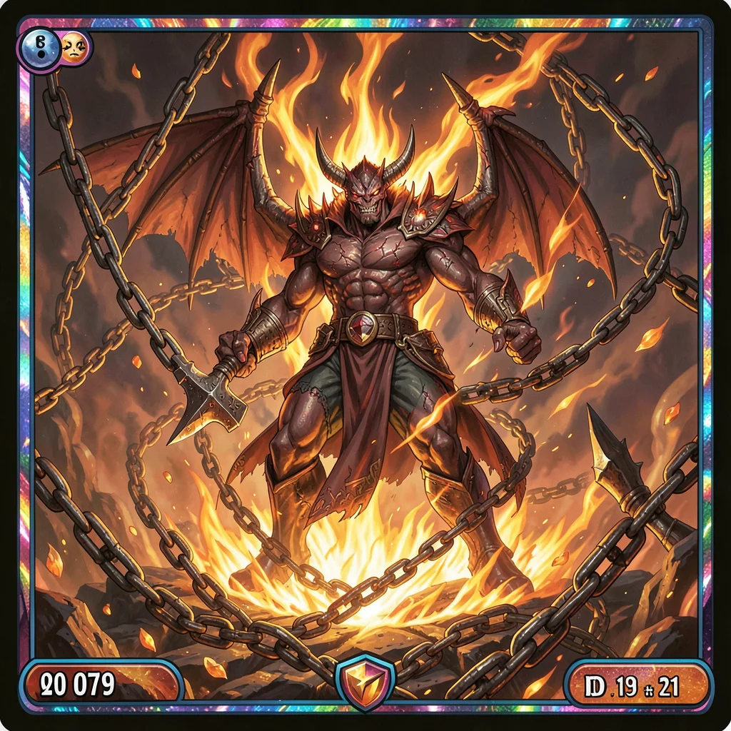 Trading card game illustration, a demon lord rising through a portal of hellfire
