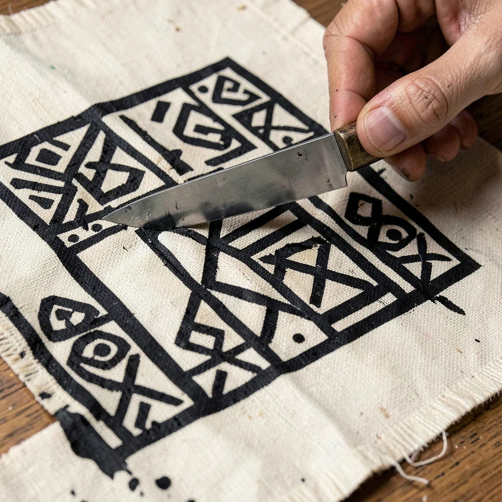 Adinkra woodblock carving detail — knife in hand cutting symbol into gourd surfa