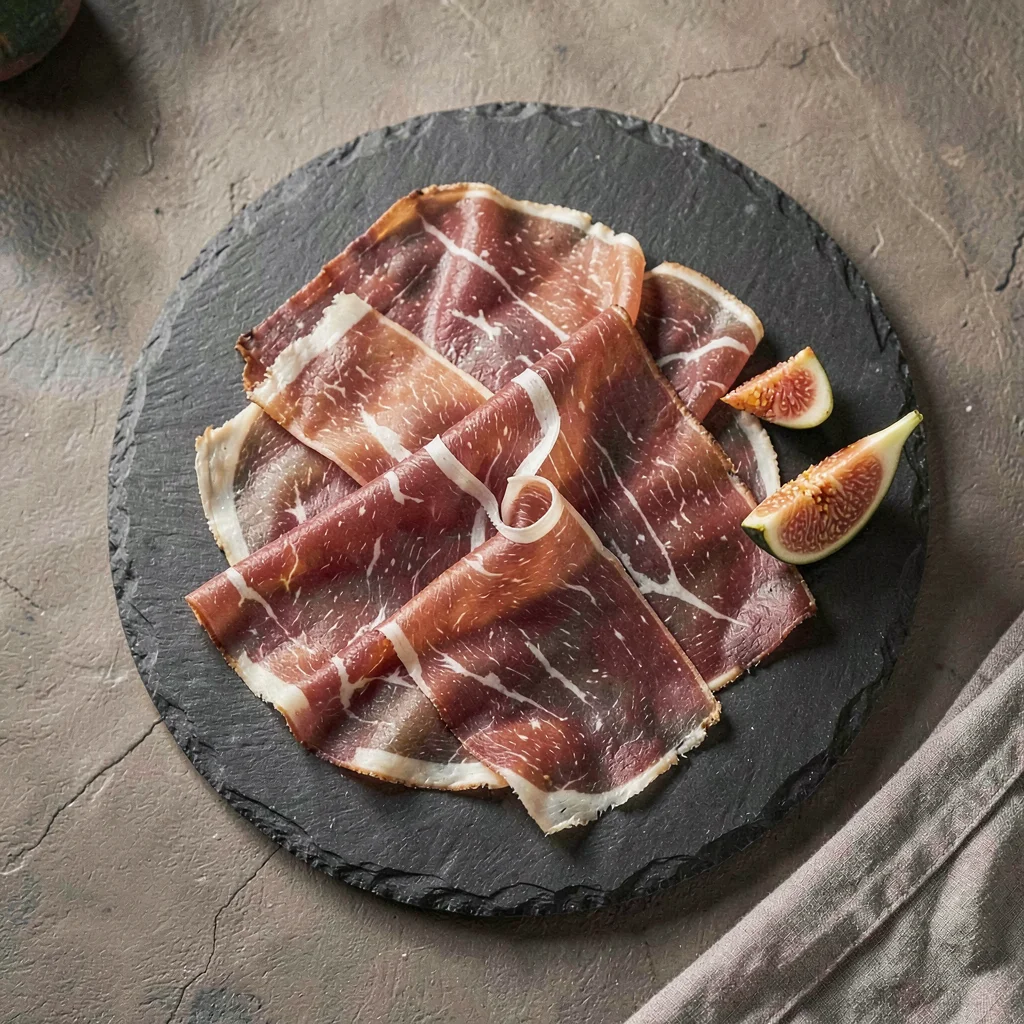 Overhead still life of a slate platter of sliced prosciutto draped in soft folds