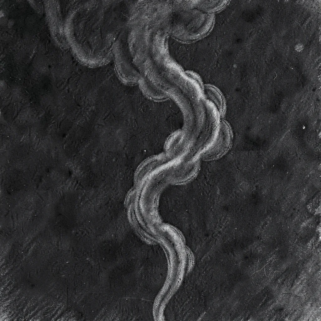 Charcoal study of a smoke plume curling against dark space