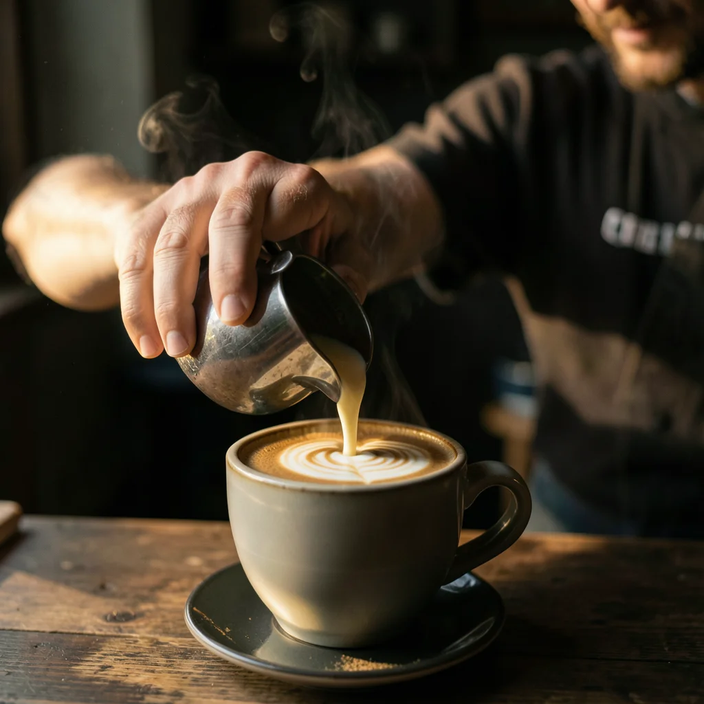Latte art being poured — the barista's steady hand creating a rosetta pattern, m