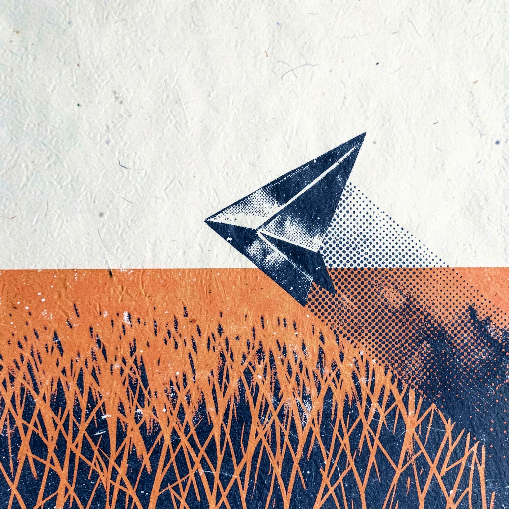 Squeegee-streaked screenprint of a paper-plane silhouette mid-flight across a ho