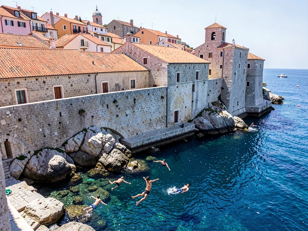Swimmers on rocks below walls