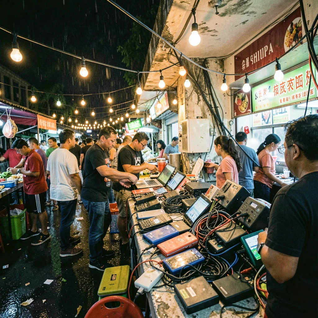 High-energy street photograph, Night market with strings of bare bulbs illuminat