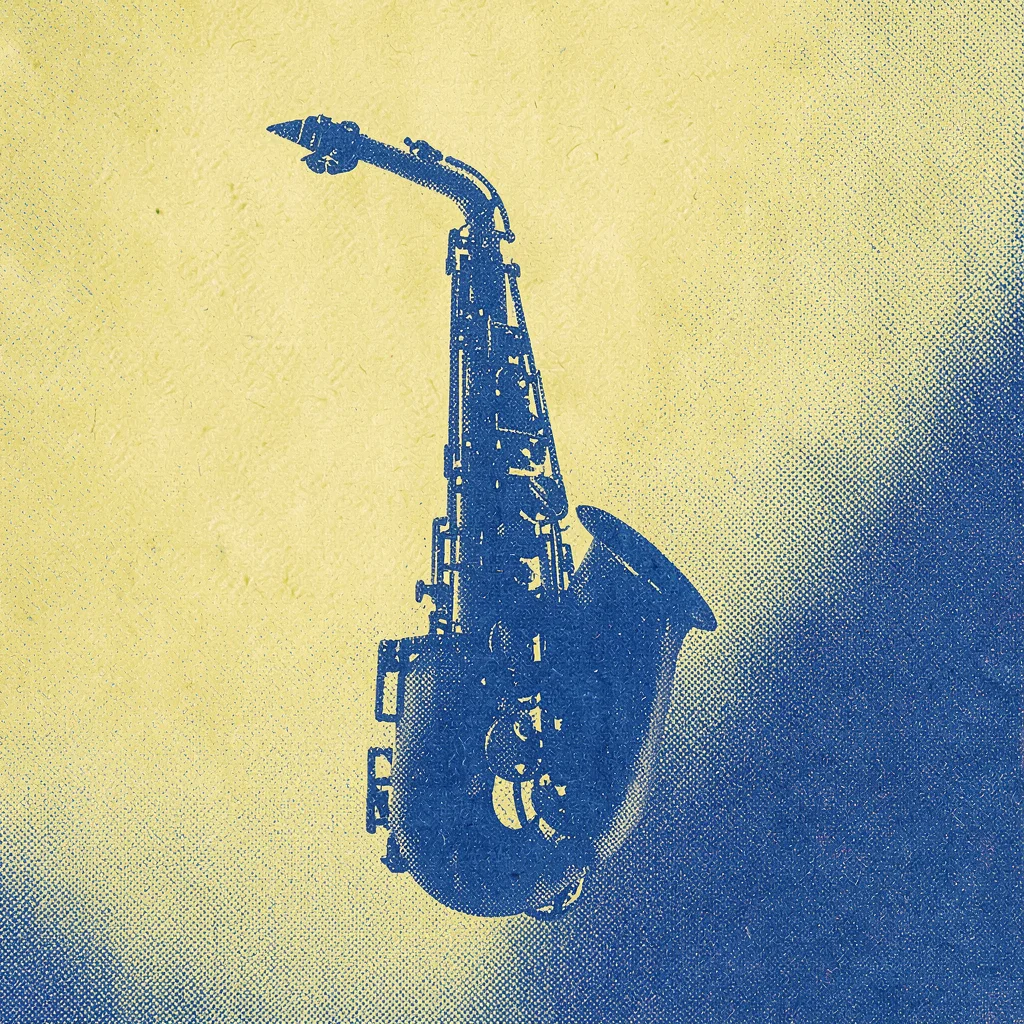 silhouette of a single saxophone curving across the centre on a halftone yellow 