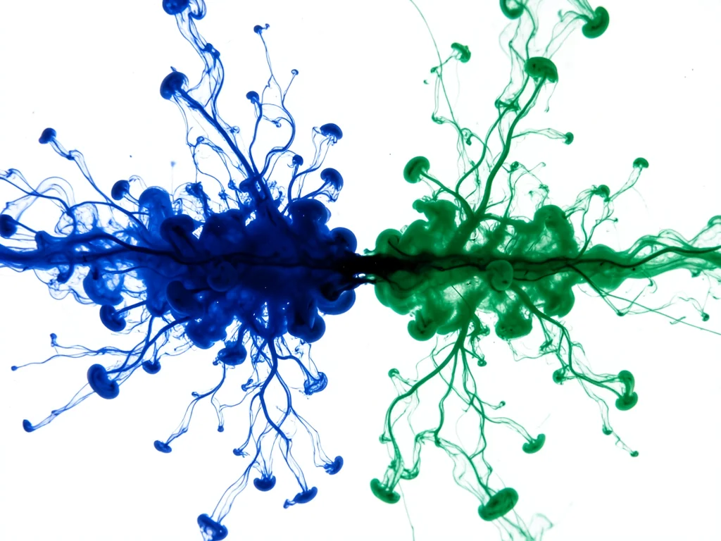Two inks meeting — indigo blue from left, emerald green from right — collision z