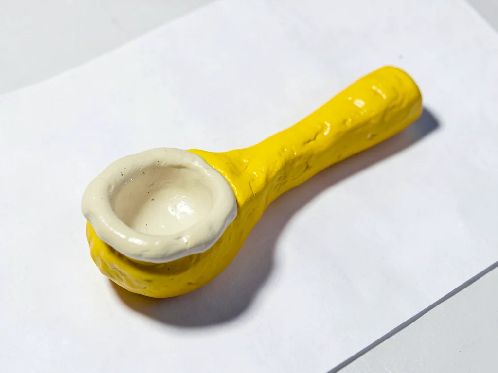 Rustic chunky clay wooden spoon in primary yellow with stubby cream-toned bowl a