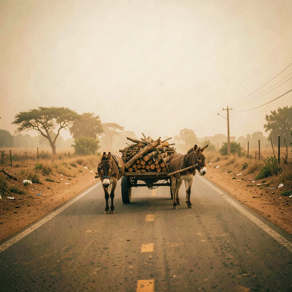 Golden Harmattan dust haze in Bamako, Mali, Donkey cart loaded with firewood on 