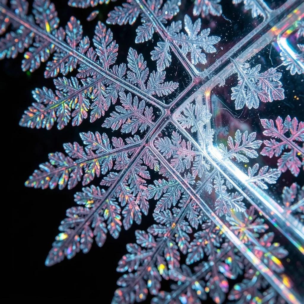 Window ice fern patterns growing from corner, fractal botanical shapes in ice