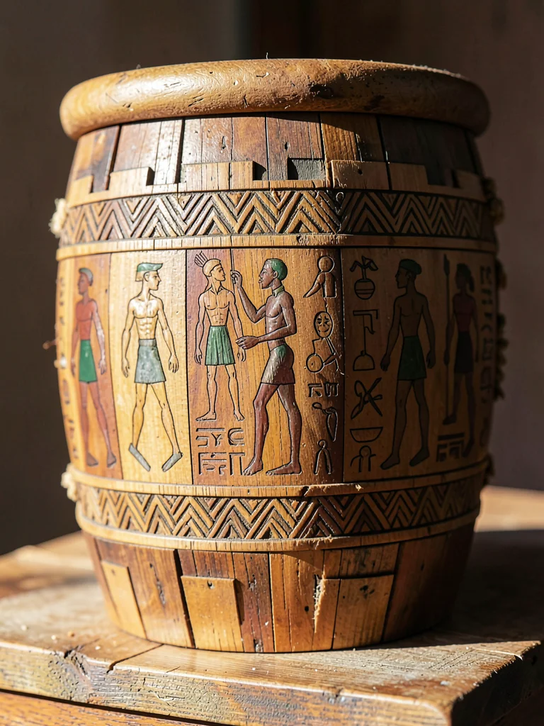 Wooden drum with carved geometric band around its body, natural light from side