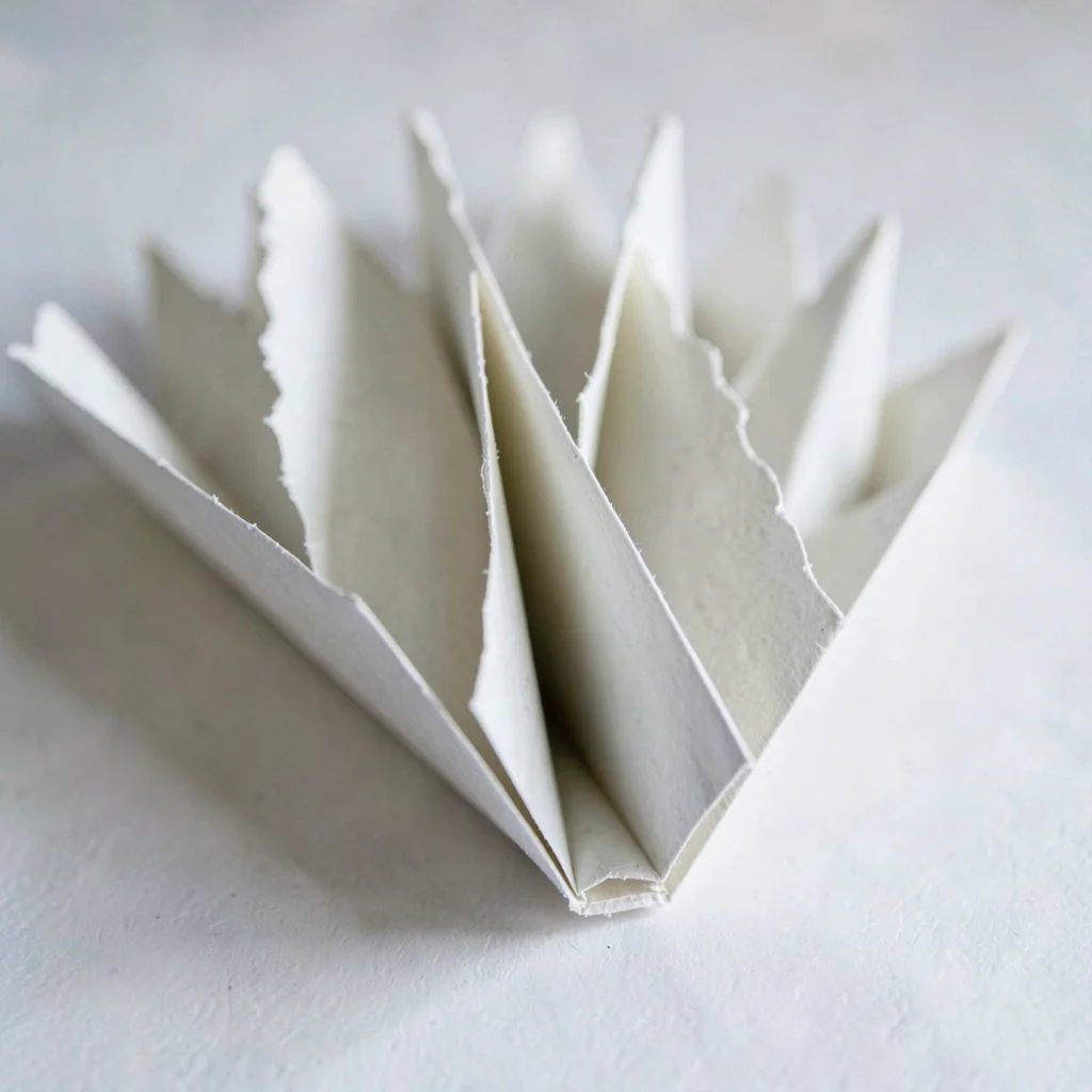 Macro of a paper accordion file pulled flat, side-lit deckle edges