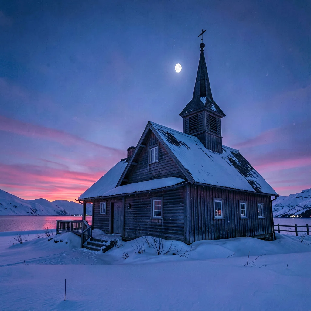 Polar liminal light, extended blue hours, Snow-dusted wooden church in blue hour