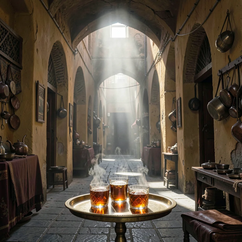 Fes medina light penetration, souk depth, mint tea glasses on brass tray, steam 