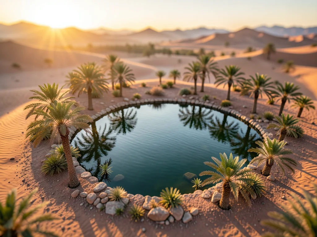 Desert oasis from above, tilt-shift, tiny palm trees around model pond
