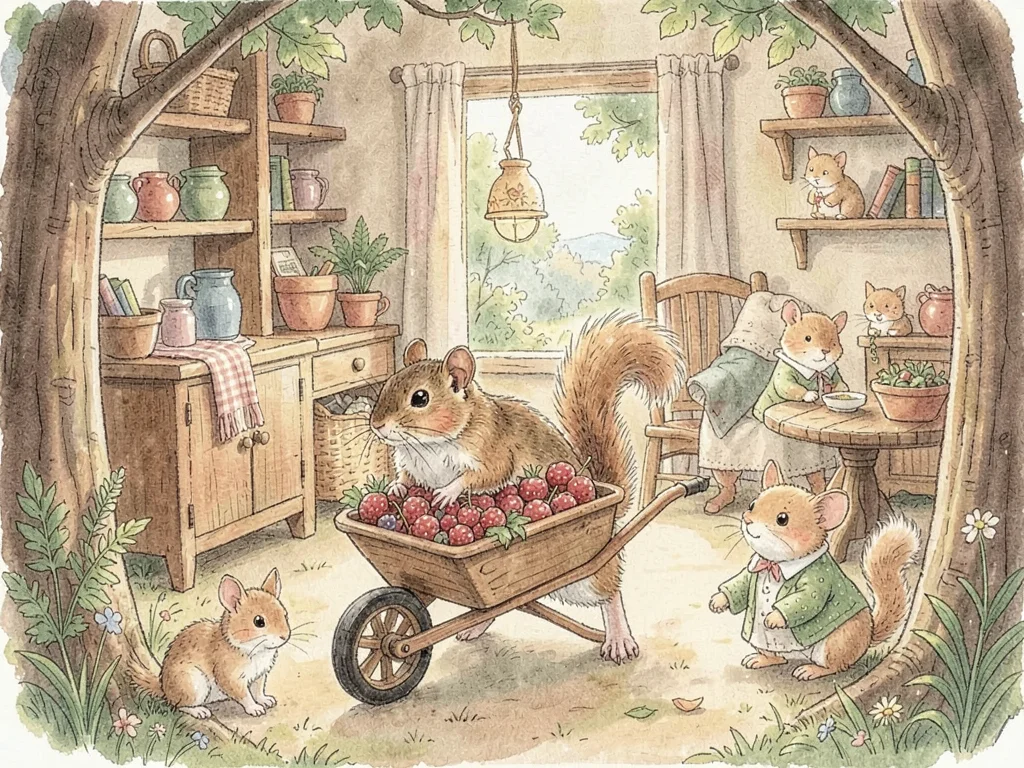 Mouse with wheelbarrow of berries