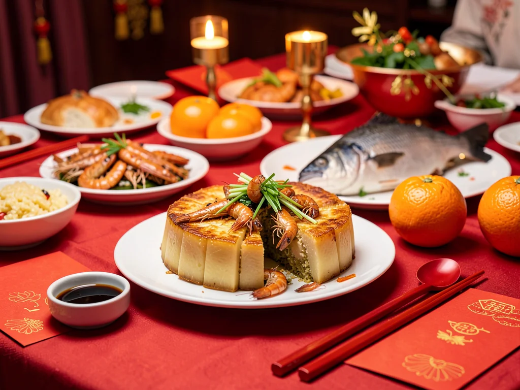 Pan-Fried Turnip Cake Sliced on Platter