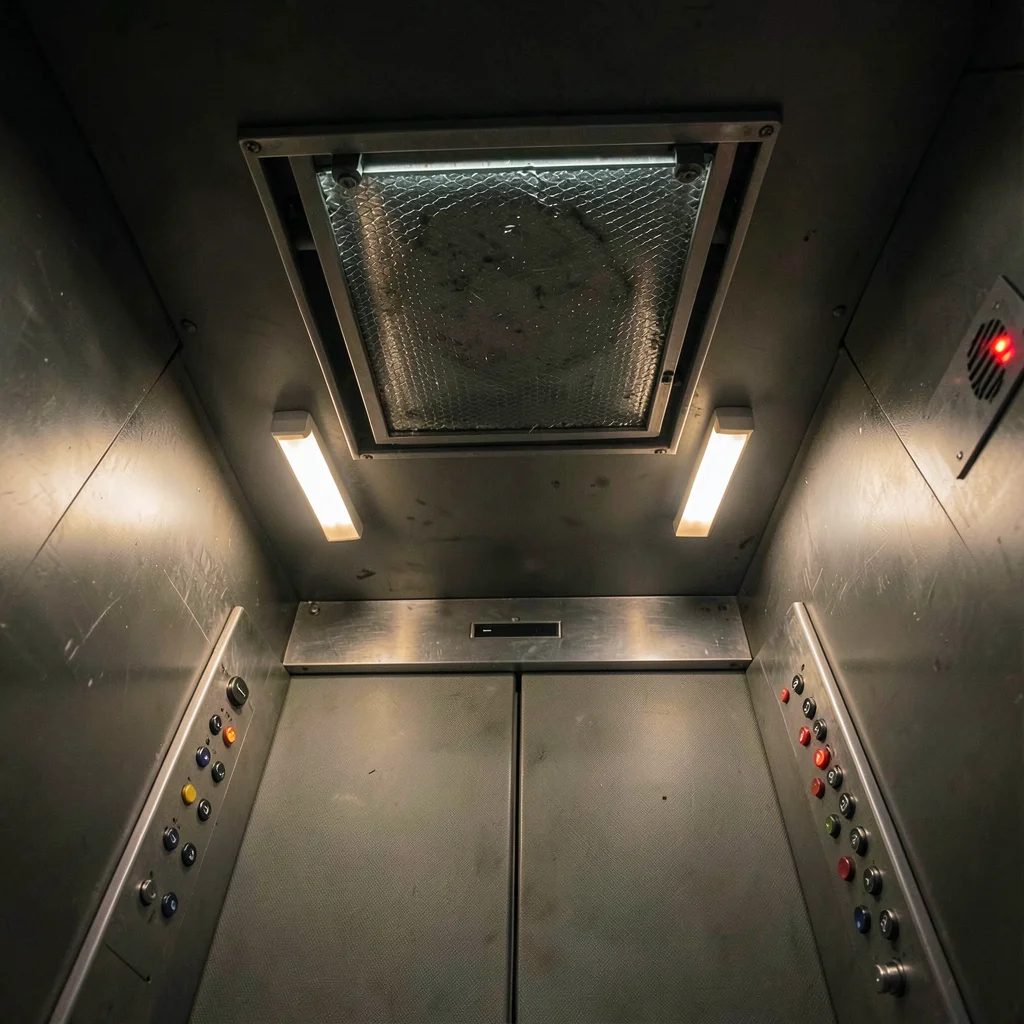The ceiling inspection hatch of a freight elevator