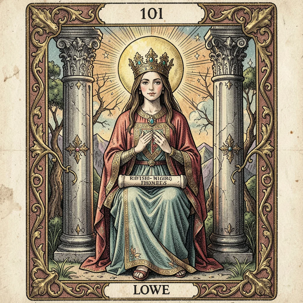 Tarot card illustration, The High Priestess between two pillars, moon crown, scr