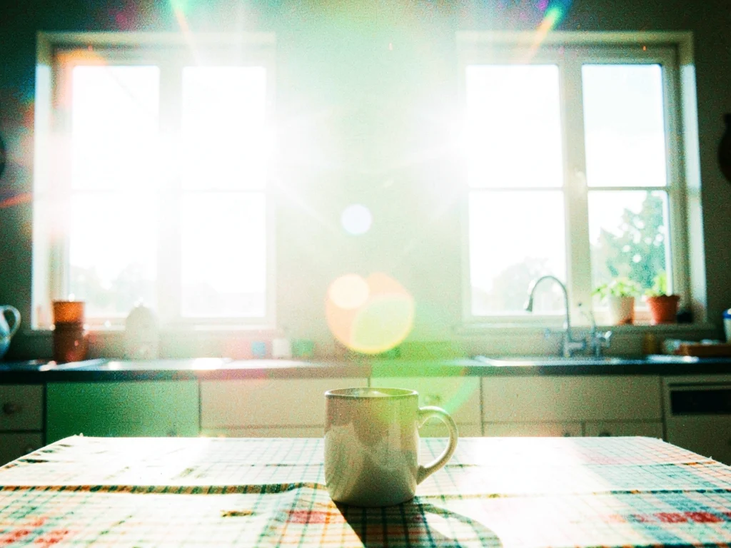 Sunlit kitchen interior with two windows flaring white over a single ceramic mug