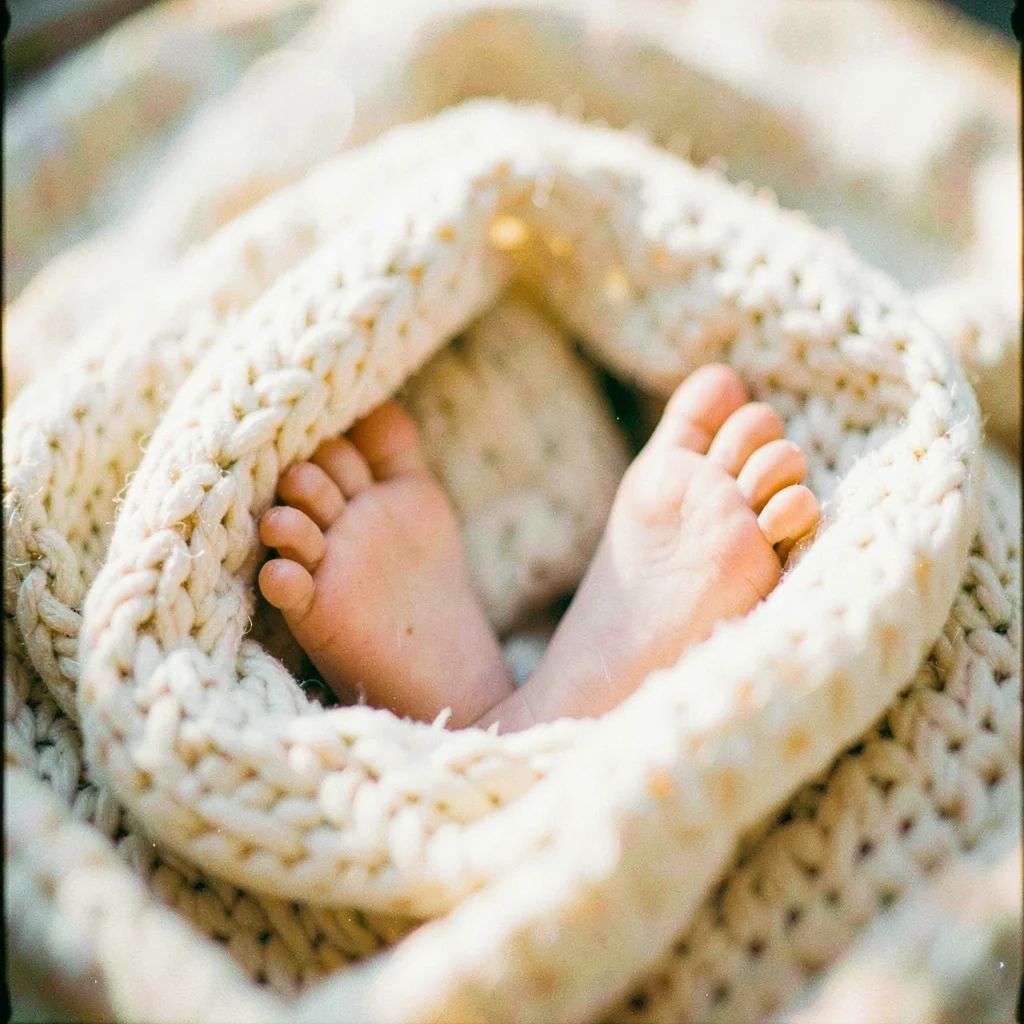 Baby feet peeking from knitted blanket
