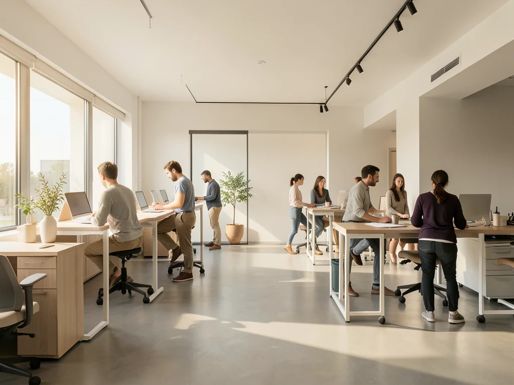 Modern open-plan office with warm natural light, employees collaborating at stan