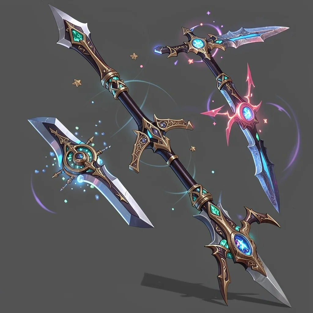 Fantasy weapon illustration, a glaive with transforming blade modes, magical mec