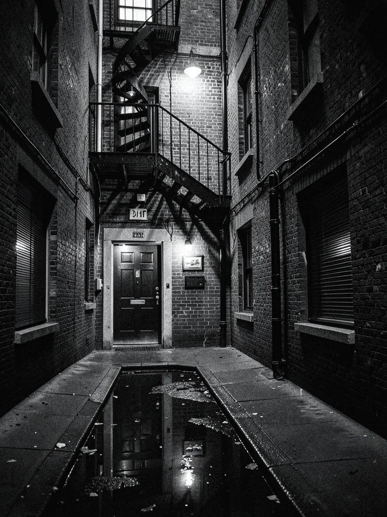 Narrow alley off Dame Street, fire escape zigzagging up a brick wall, single bul
