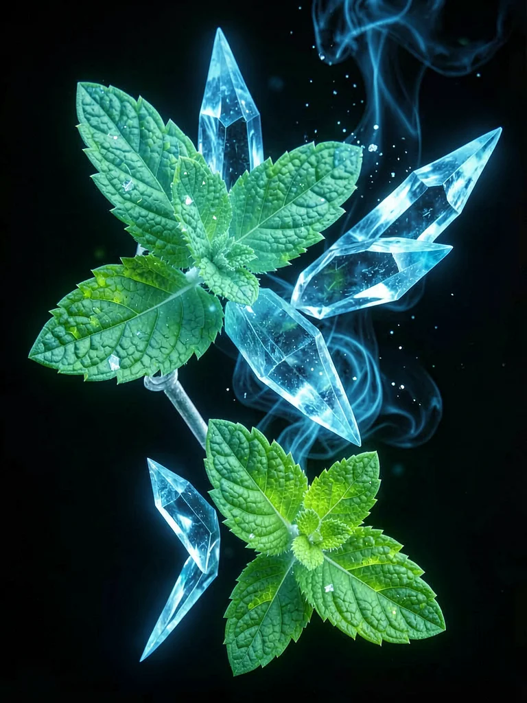 Fresh mint rendered as cool blue-green crystalline sharp forms