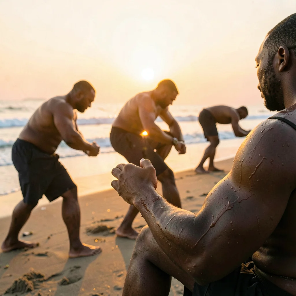 Peachy golden Dakar sunset light through sea haze, Wrestlers training on beach, 