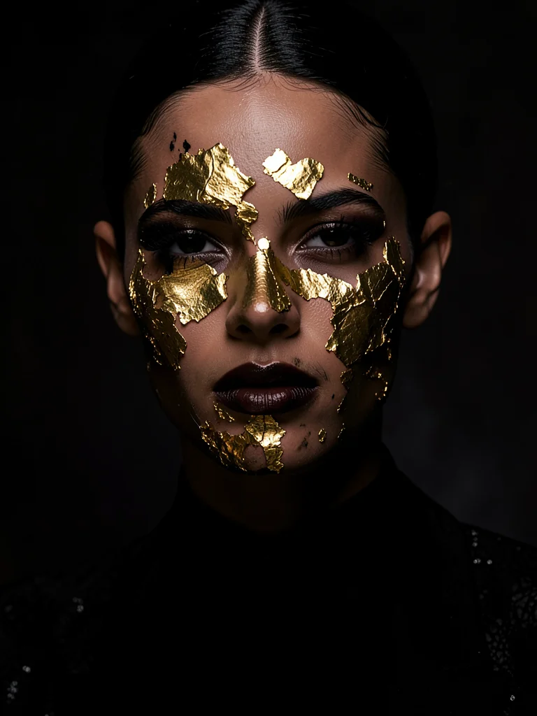 Gold leaf face peeling to reveal darkness underneath, luxury decay, dramatic