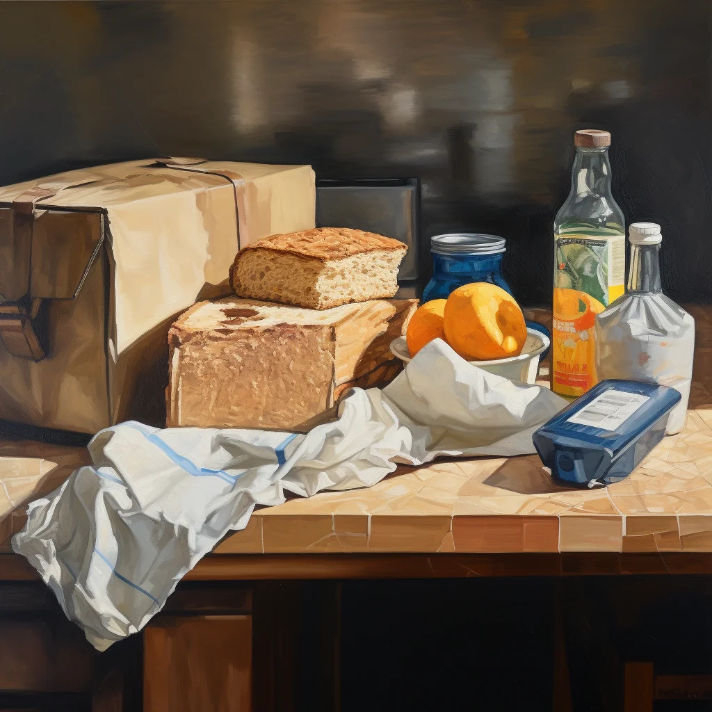 Oil painting of a kraft dinner box on the counter. na