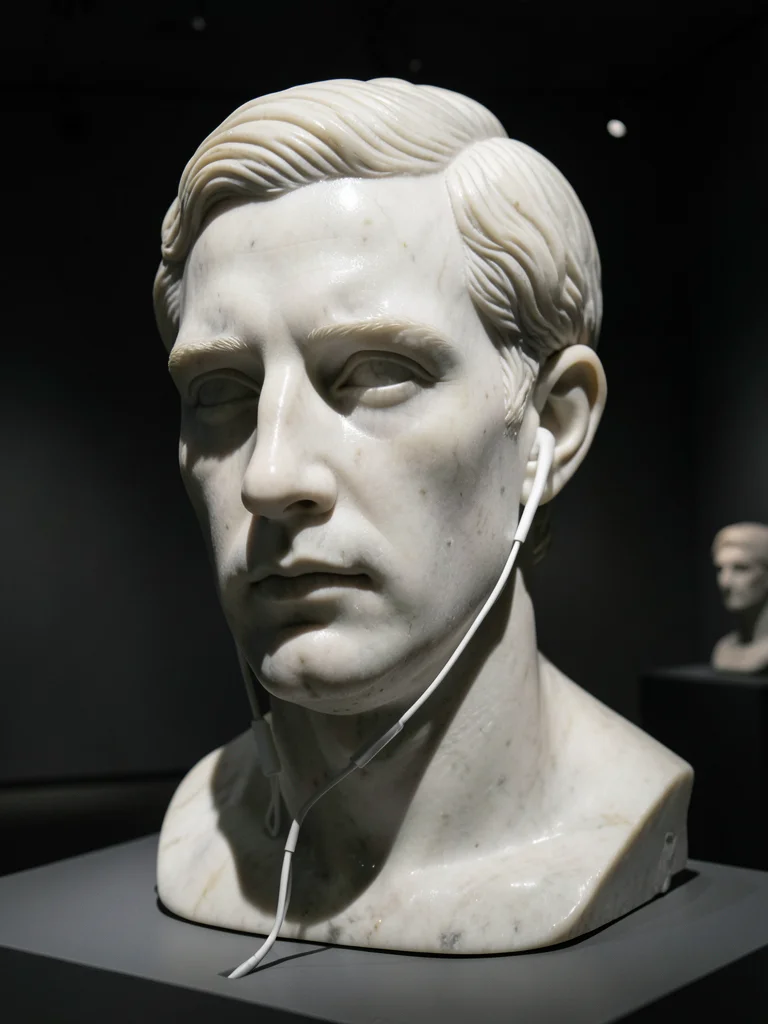 A marble portrait of a person wearing earbuds, contemporary subject in classical