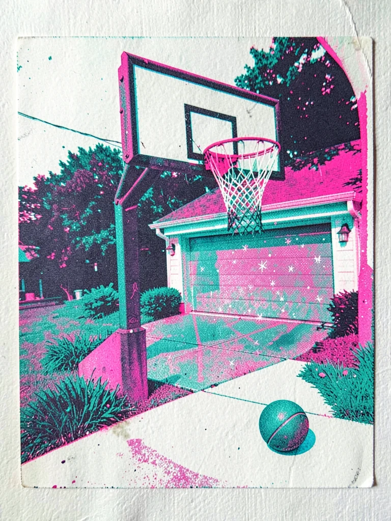 Basketball hoop at the end of a driveway tilted slightly with the net in tatters