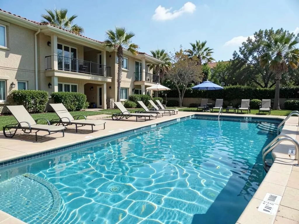 Swimming pool with loungers