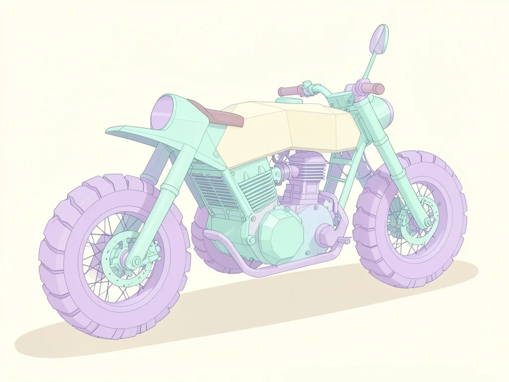Cruising mint lowpoly motorcycle with cream tank and chunky lavender wheels, sof