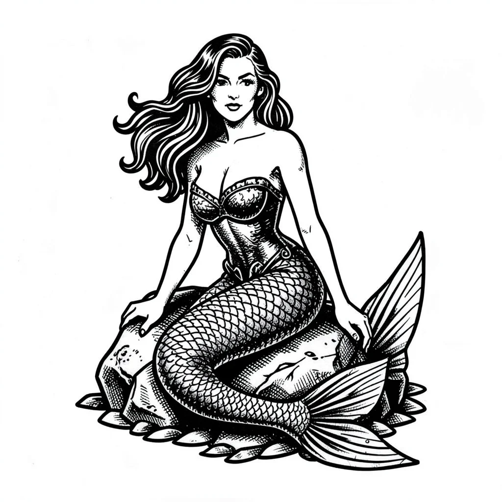 Traditional tattoo flash illustration, Mermaid sitting on rock , bold black outl